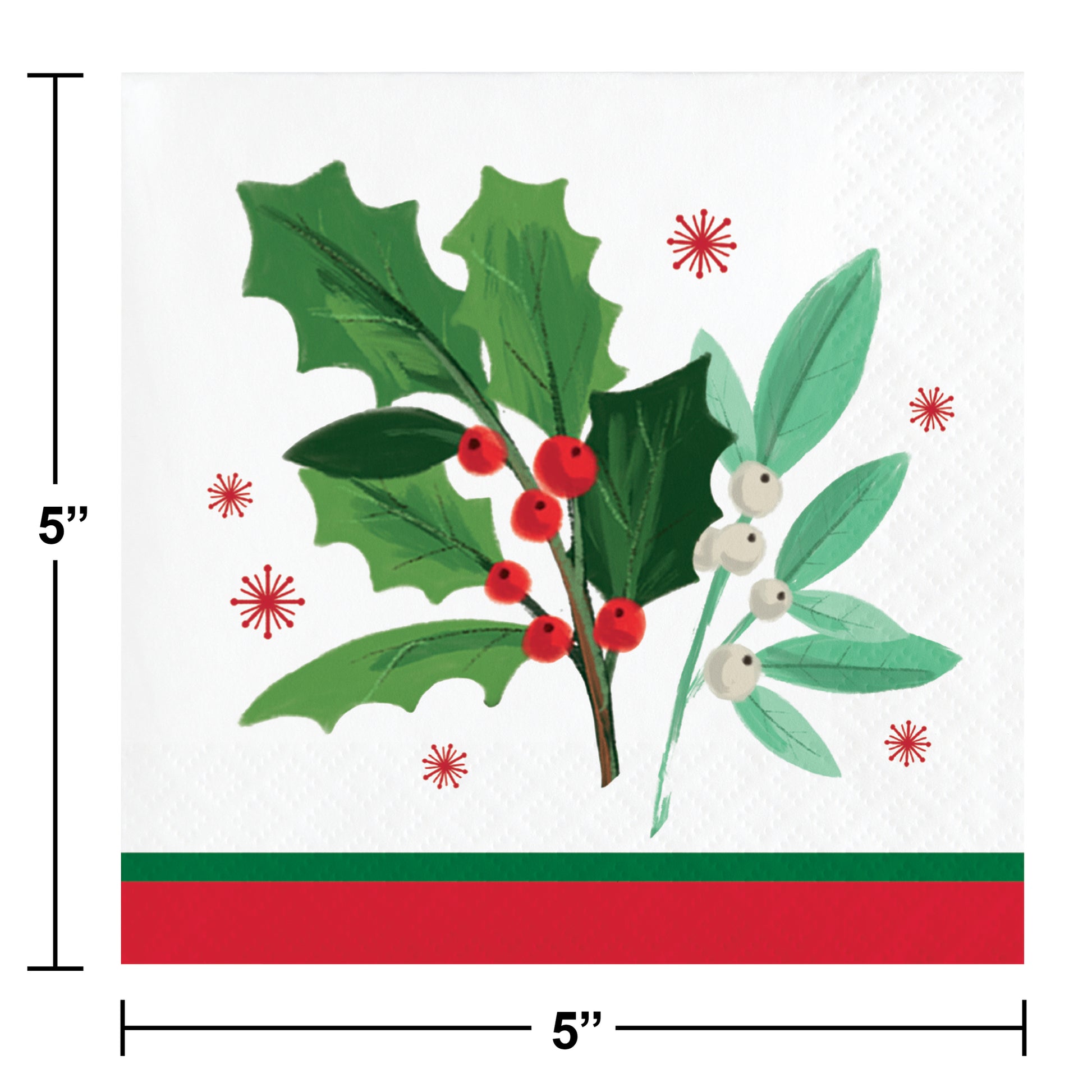 Paper napkin featuring a decorative design with holly leaves and berries on a white background. Size indicated as 5" x 5"