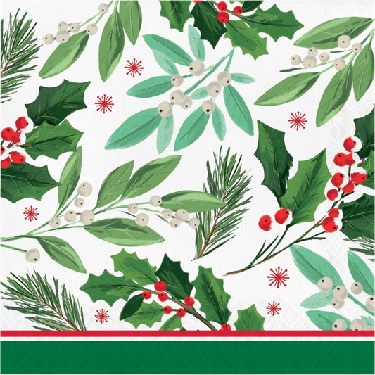 Christmas-themed paper napkins with holly leaves, berries, and pine branches on a white background.