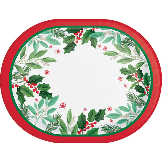 Oval paper plate with Christmas-themed design featuring holly leaves and berries with a red rim on a white background.