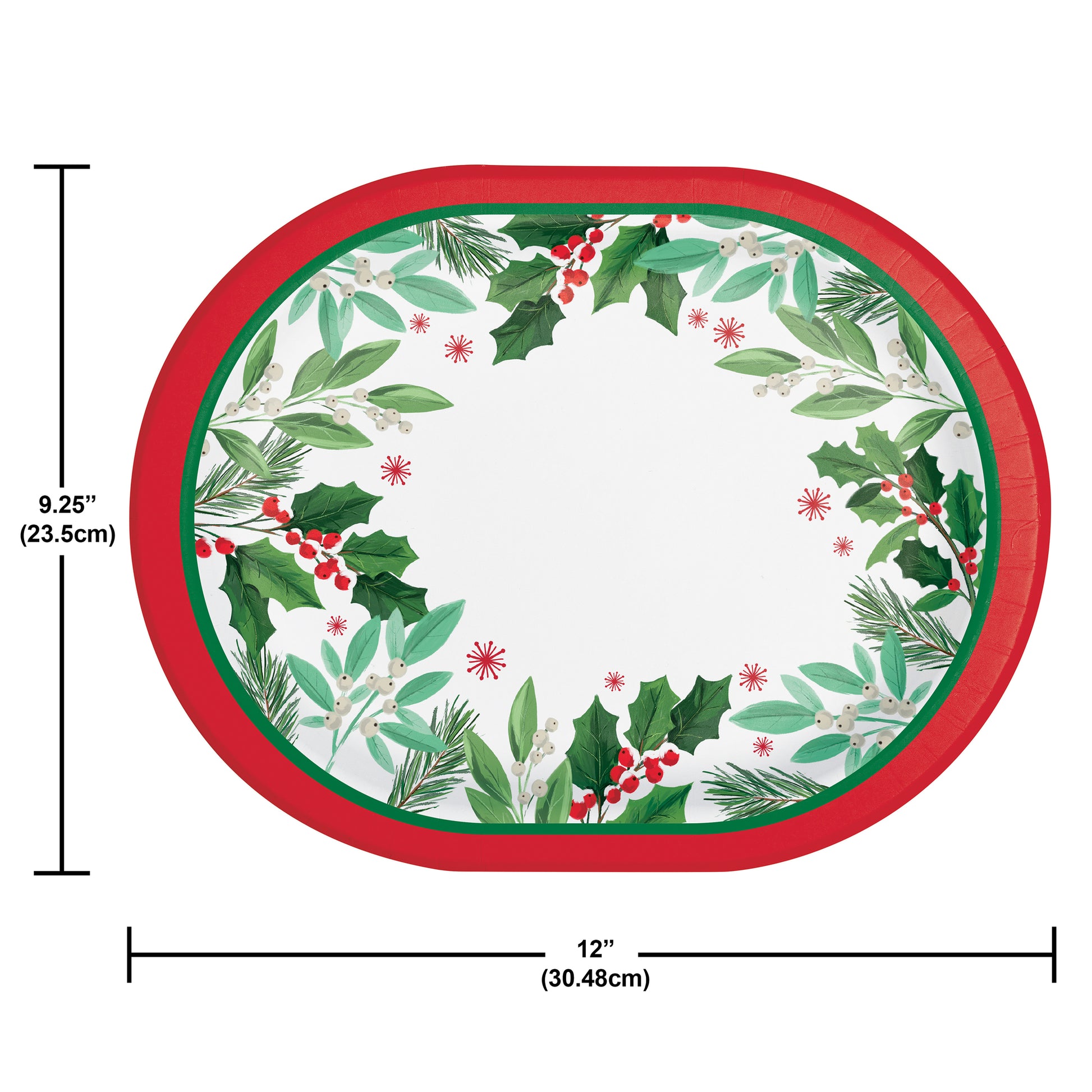 Oval paper plate with Christmas-themed design featuring holly leaves and berries with a red rim on a white background. Dimensions shown.