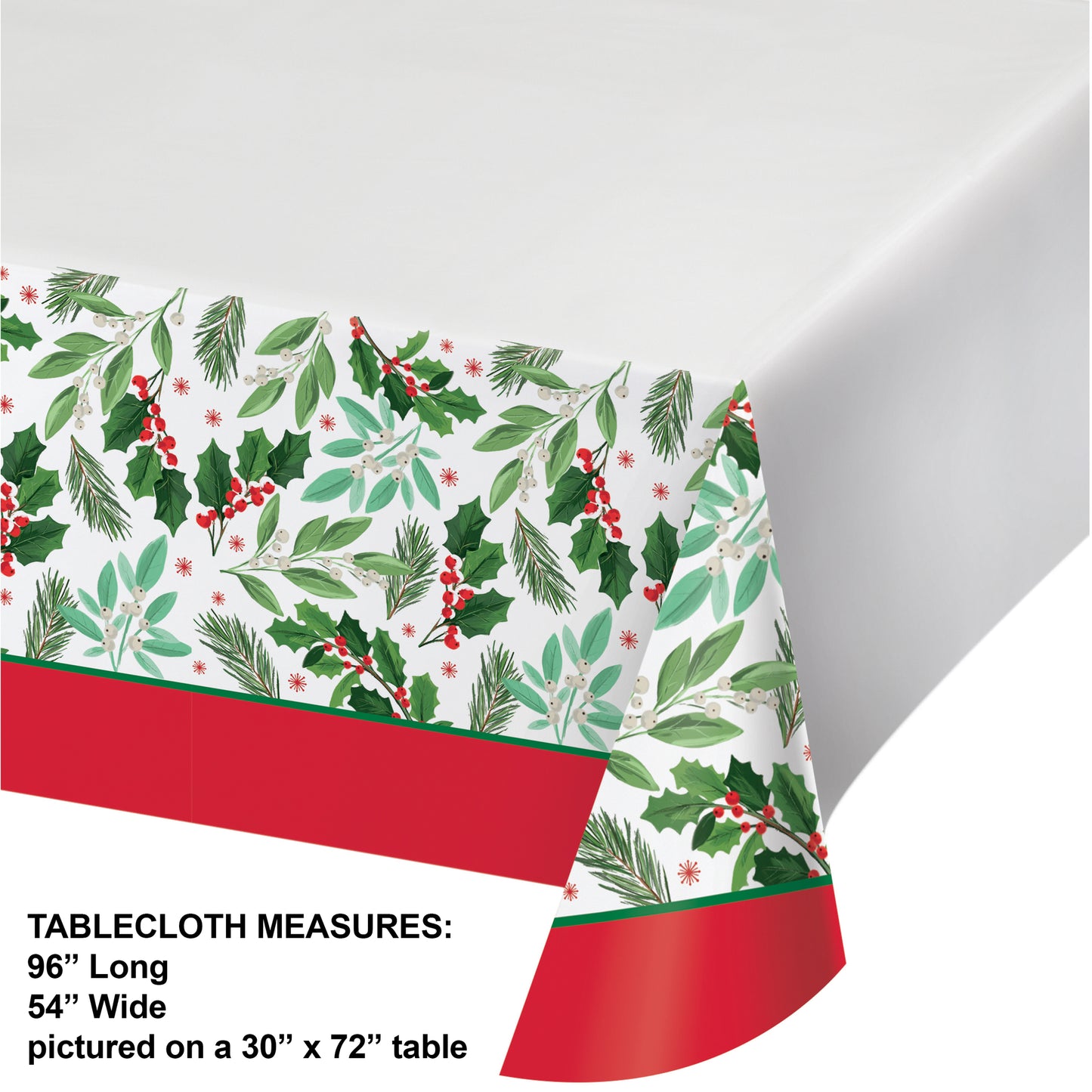 Christmas-themed paper tablecloth with holly design and red trim on a white background. Dimensions shown.
