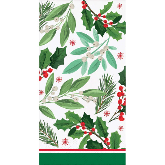 Christmas-themed paper napkins with holly leaves, berries, and pine branches on a white background.