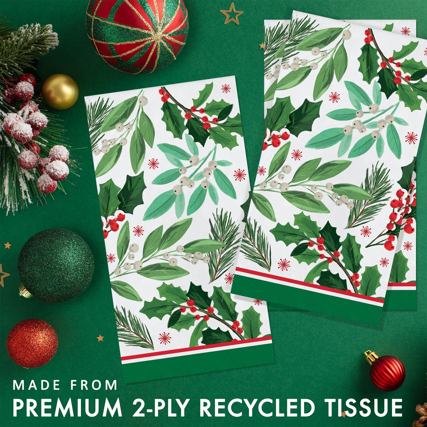 3 sets of Christmas-themed paper napkins with holly leaves and berries. Shown on a green background with festive decorations.
