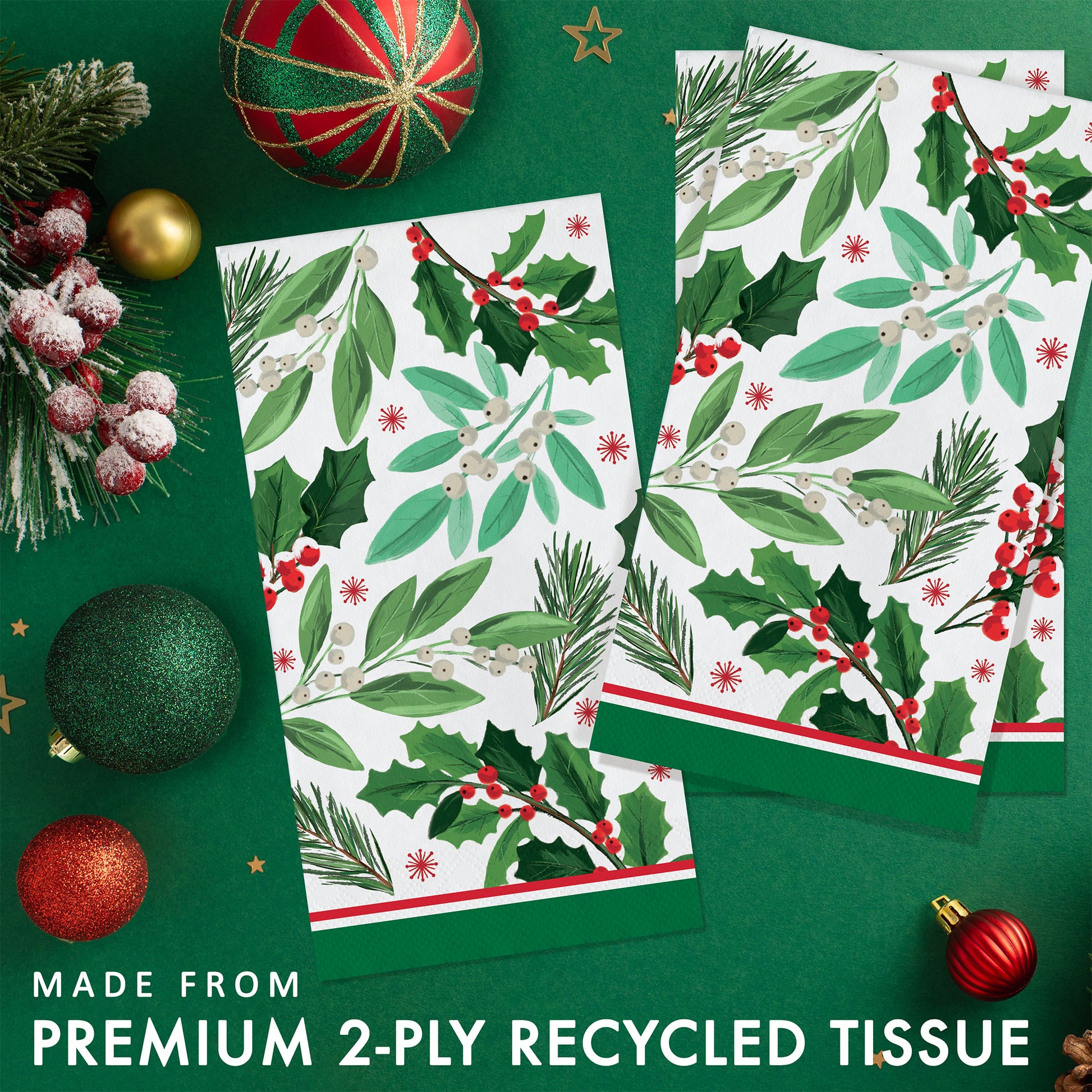 3 sets of Christmas-themed paper napkins with holly leaves and berries. Shown on a green background with festive decorations.