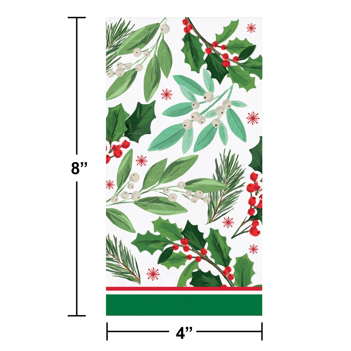 Christmas-themed paper napkins with holly leaves and berries on a white background, with measurements indicated.