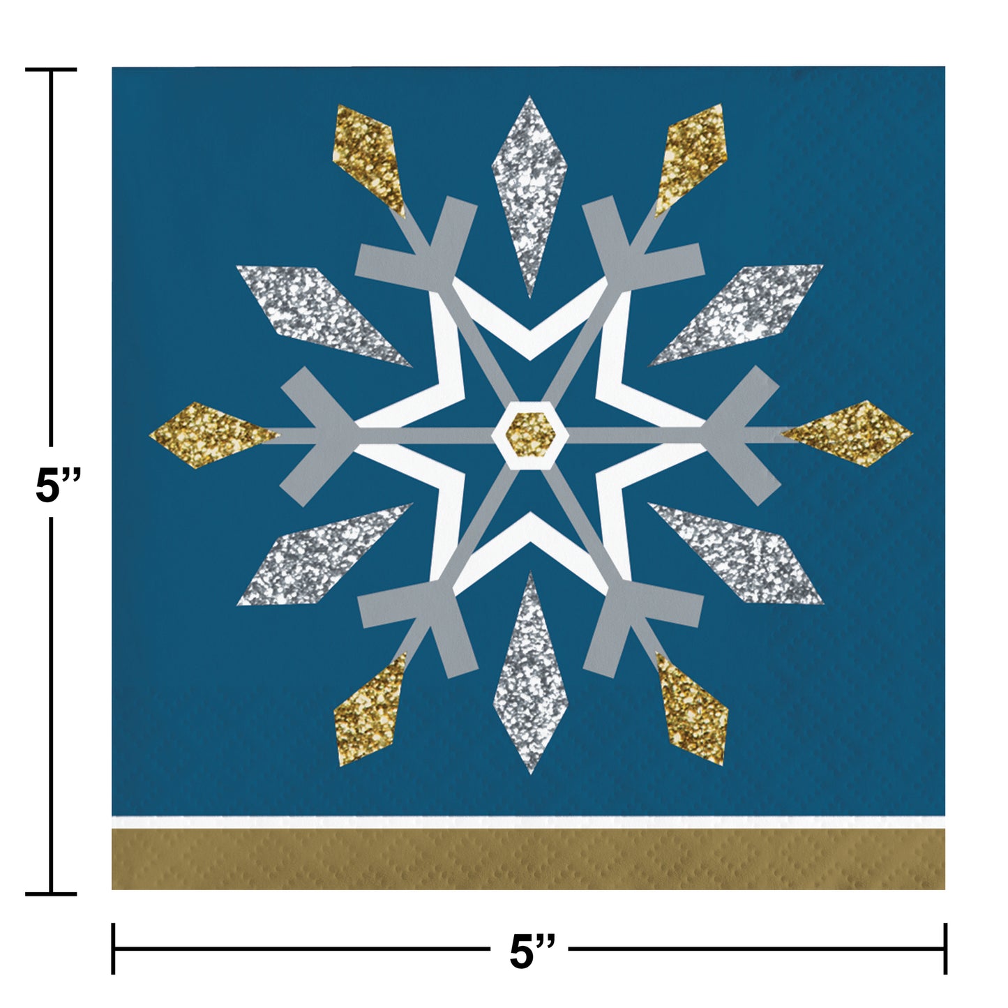 Decorative paper napkin with a snowflake design on a blue background, shown with dimensions.