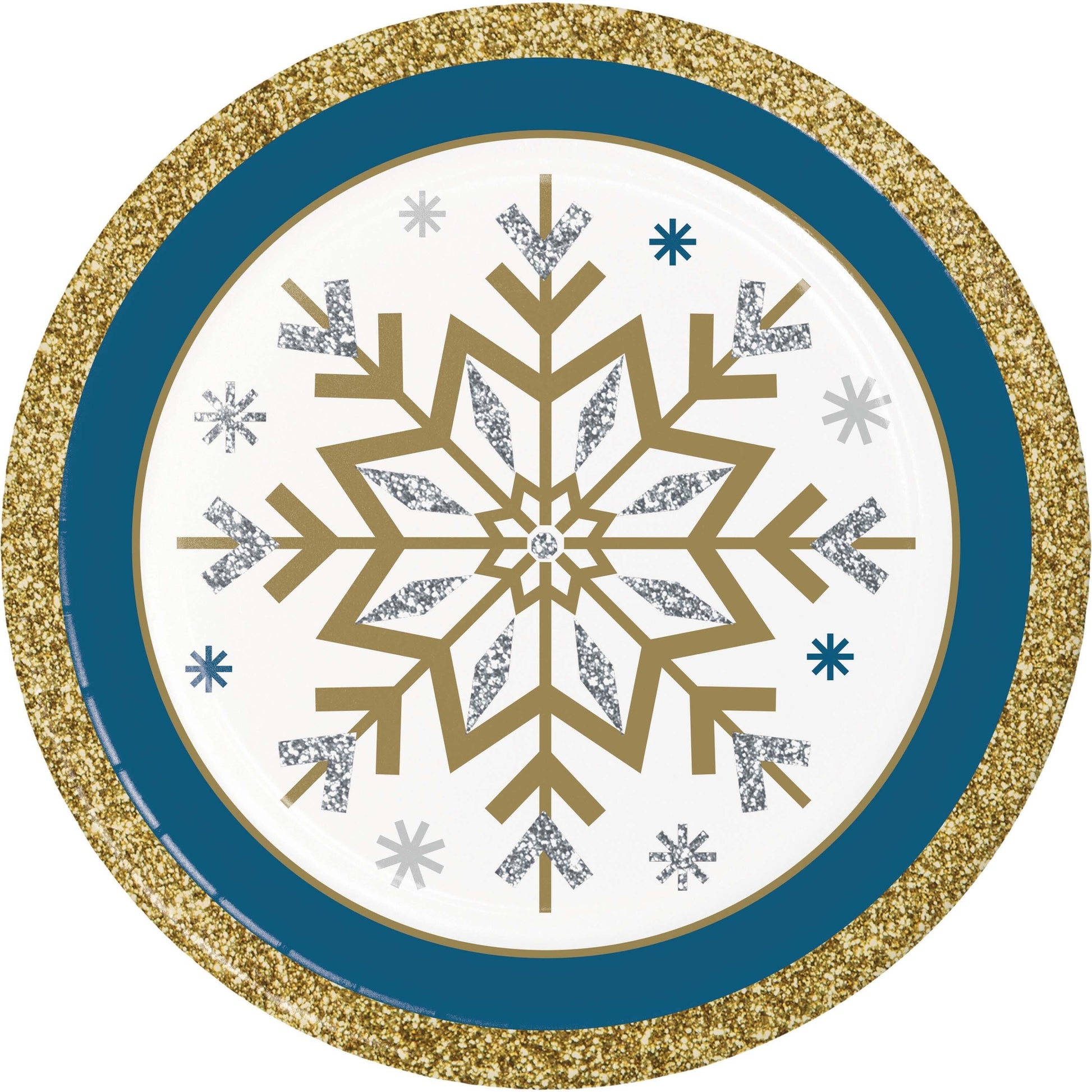 Decorative paper plate with gold snowflake design and glittery border on a white background