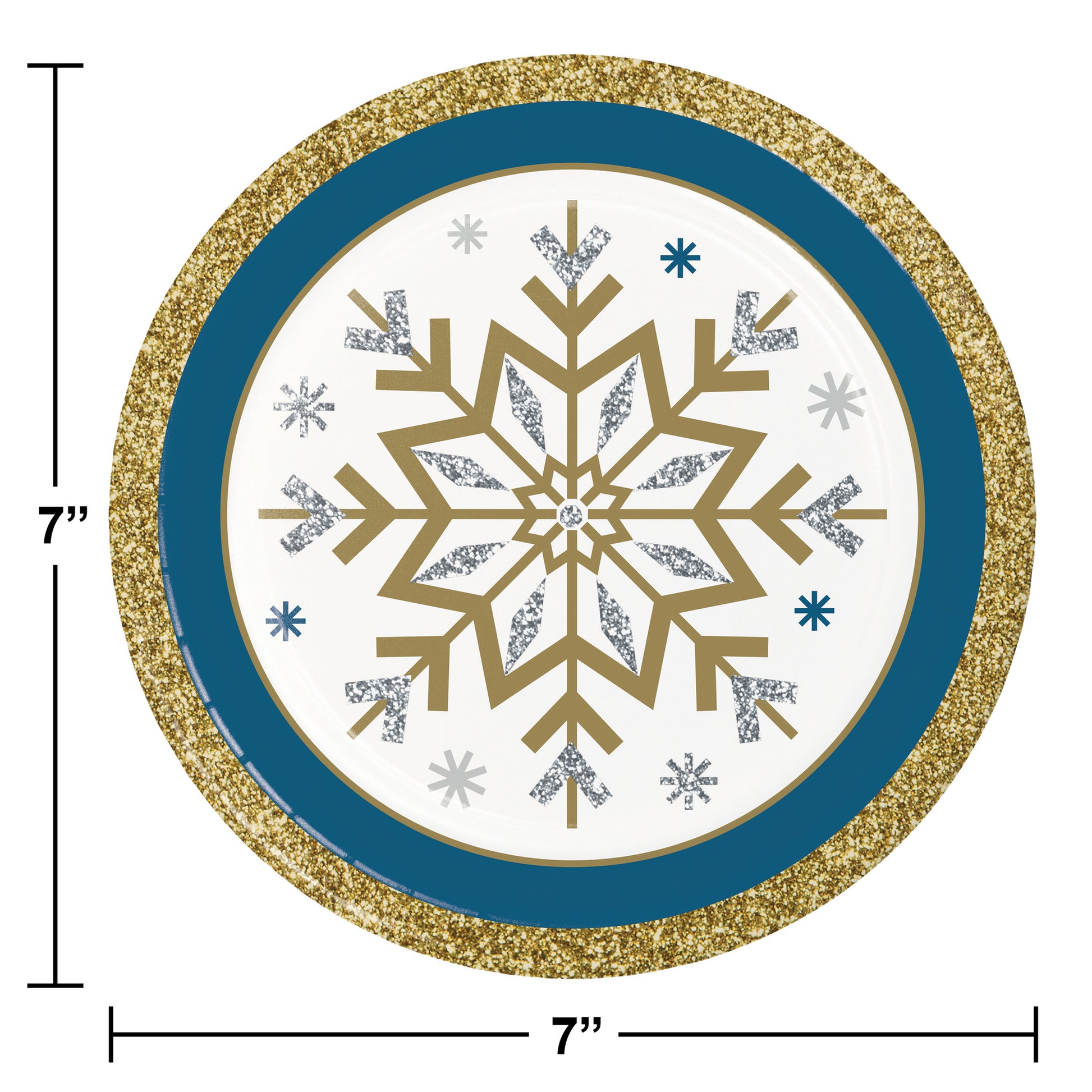 Round paper plate with gold snowflake design, blue rim, and gold glitter border, size 7 inches.