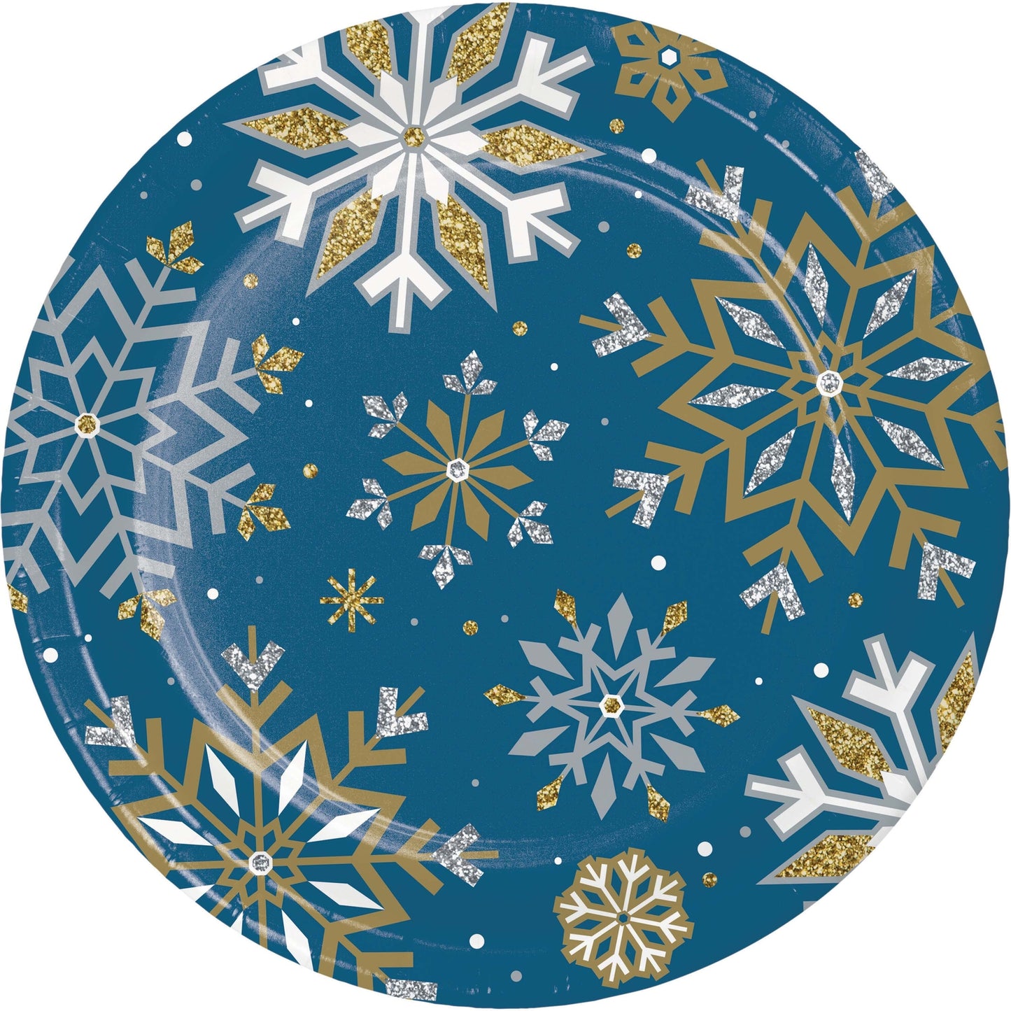 Decorative paper plate with snowflake pattern on a blue background