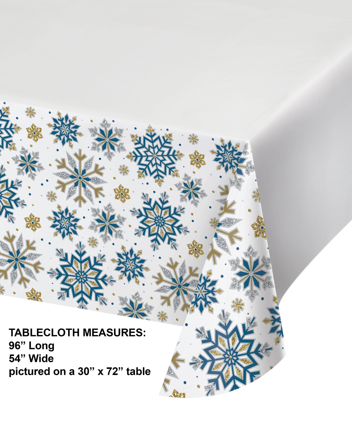 Paper tablecloth with blue, gold and silver snowflake pattern on a white background. Measurements included.