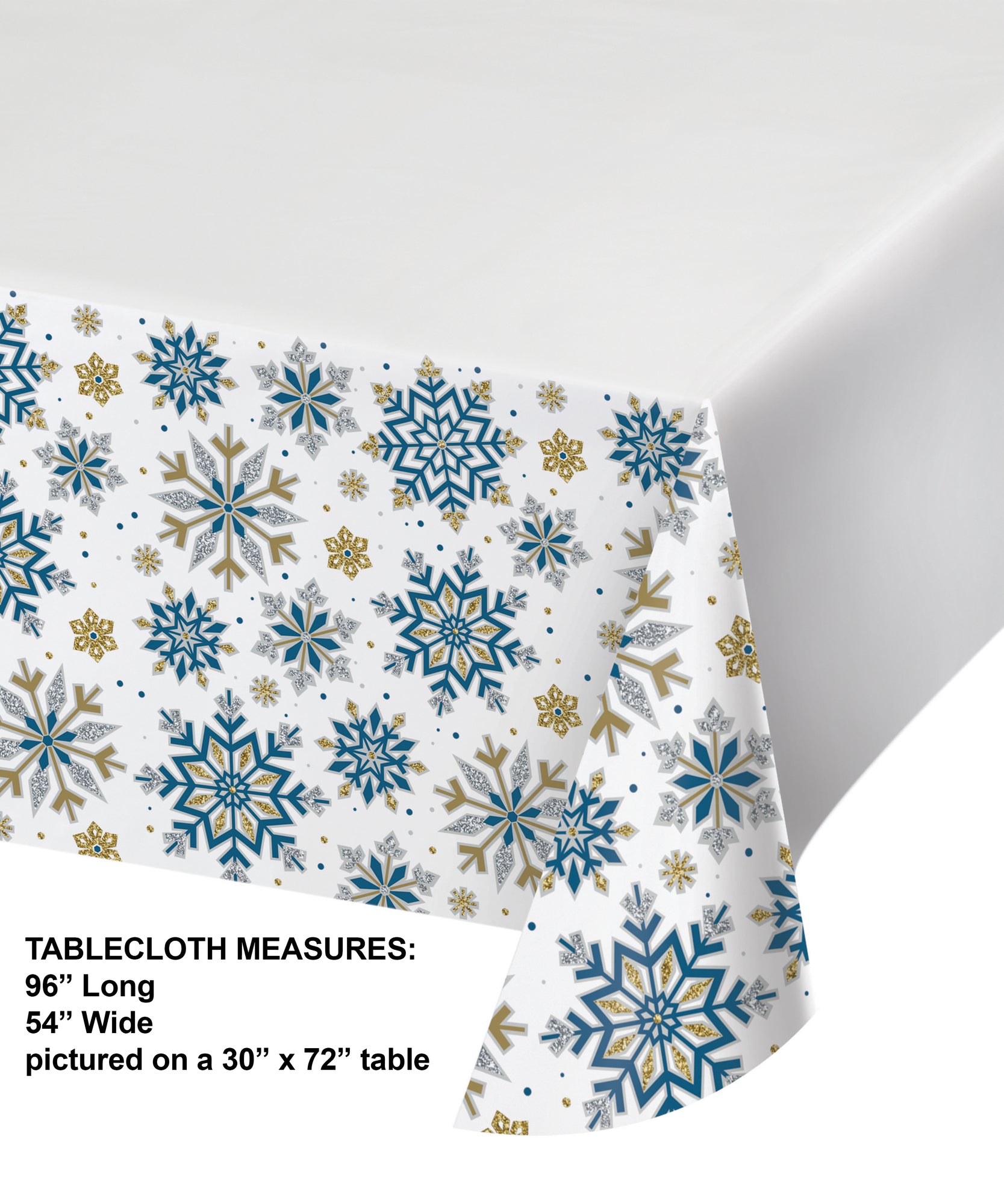 Paper tablecloth with blue, gold and silver snowflake pattern on a white background. Measurements included.