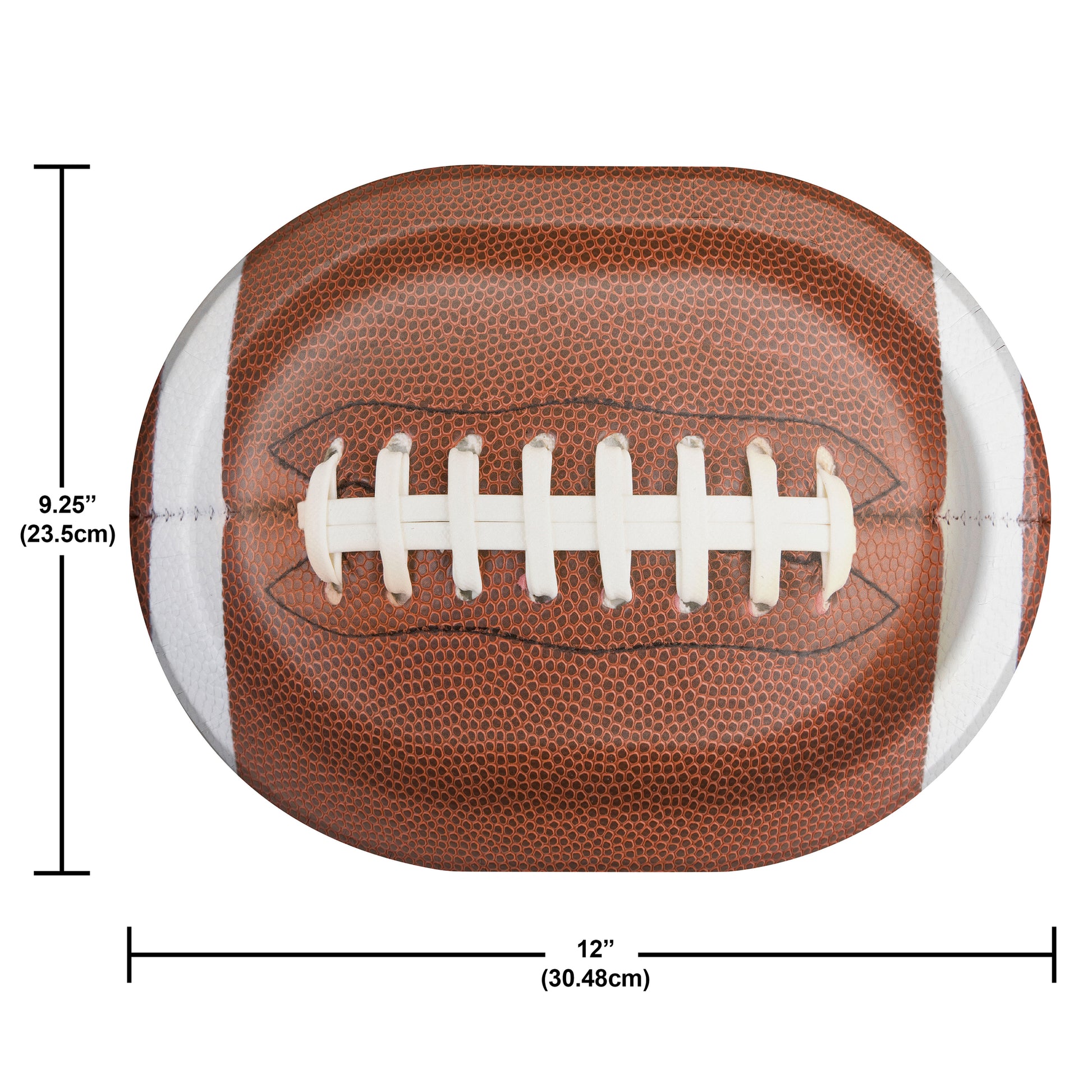 Touchdown Time Oval Football Dinner Paper Plates 96 ct. Oval paper plate with a football design. With measurements on a white backgroun