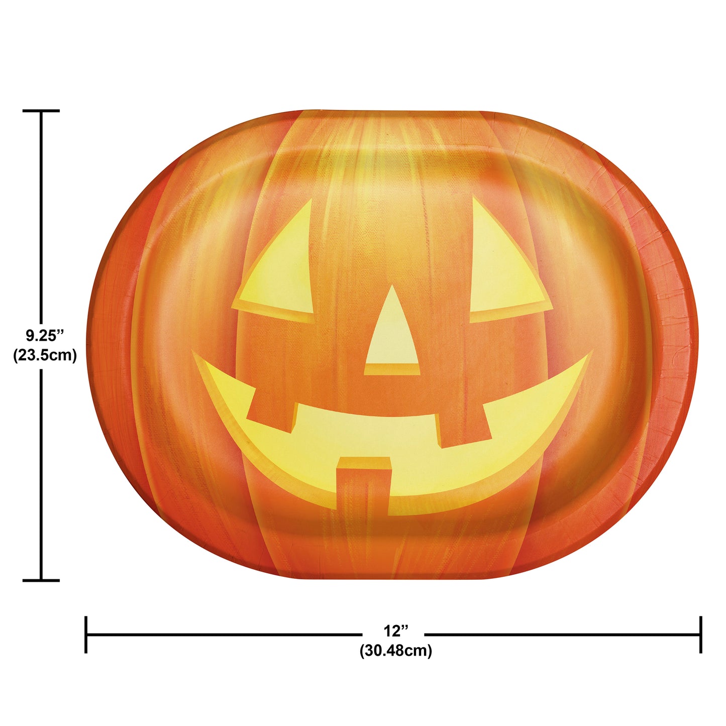 Perfectly Pumpkin Oval Dinner Paper Plates 96 ct. Jack-o'-lantern with measurements on a white background