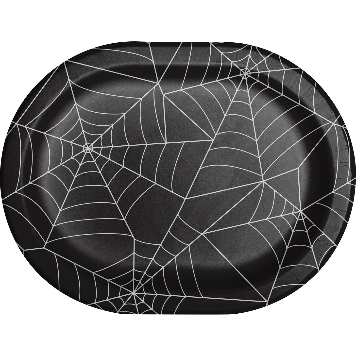 Creepy Characters Halloween Spider Webs Oval Dinner Plates 96 ct. Black oval plate with a spider web on the front