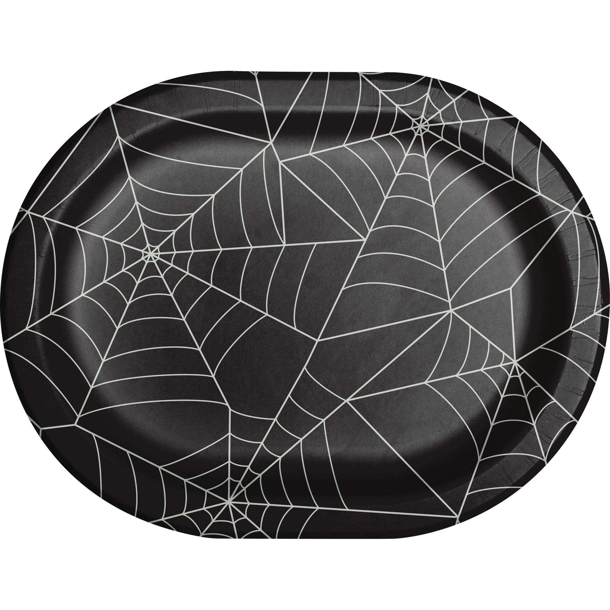 Creepy Characters Halloween Spider Webs Oval Dinner Plates 96 ct. Black oval plate with a spider web on the front