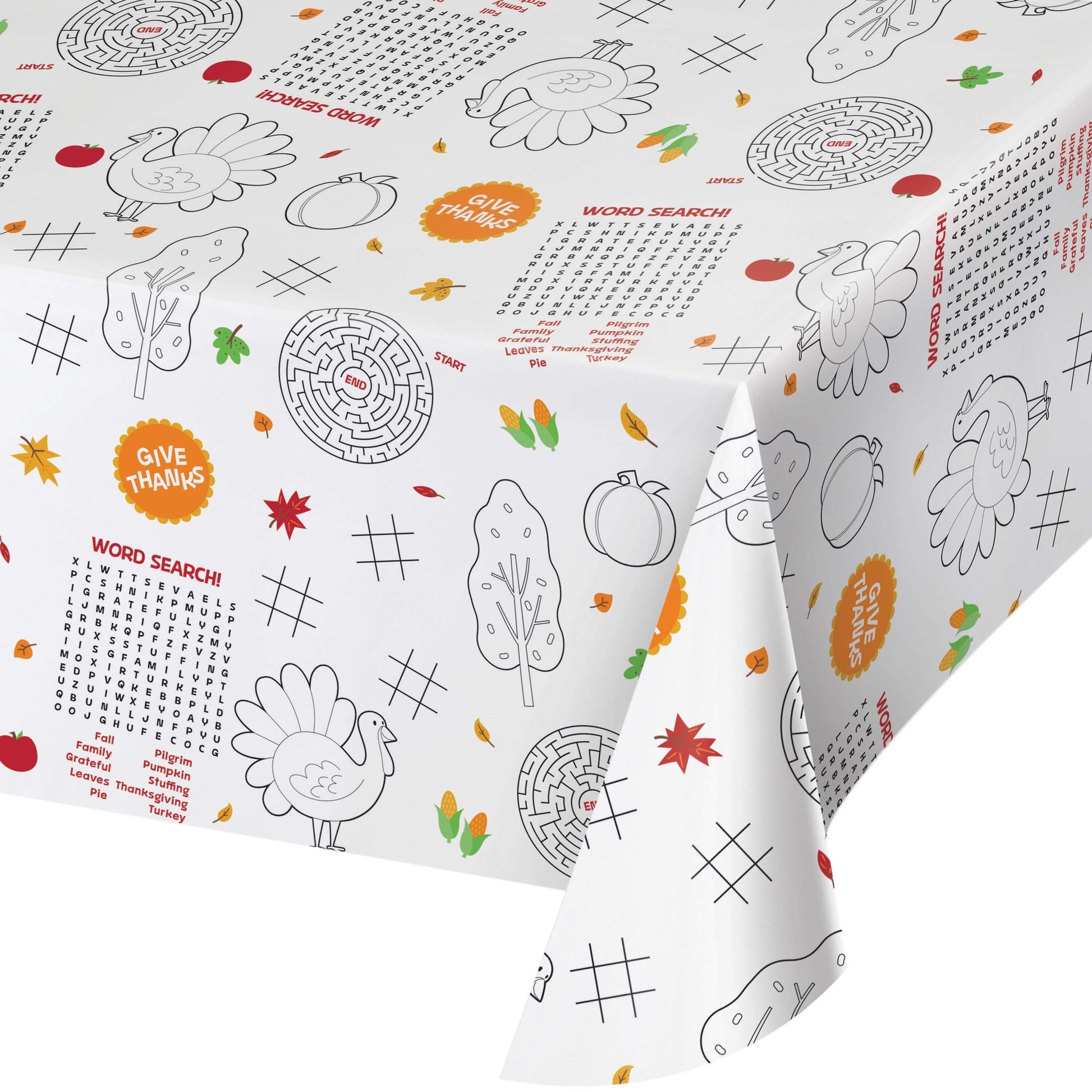 Kids Thanksgiving Activities Paper Tablecloths 12 ct. Children's tablecloth with Thanksgiving-themed designs on a white background
