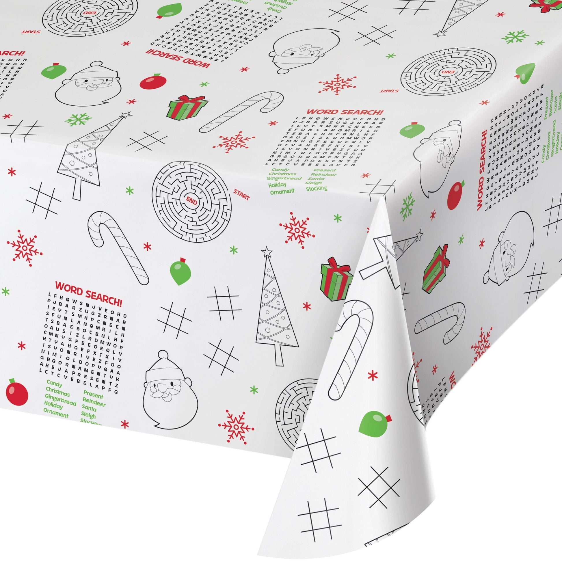 Christmas activity paper tablecloth with mazes, word searches, tic-tac-toe and coloring