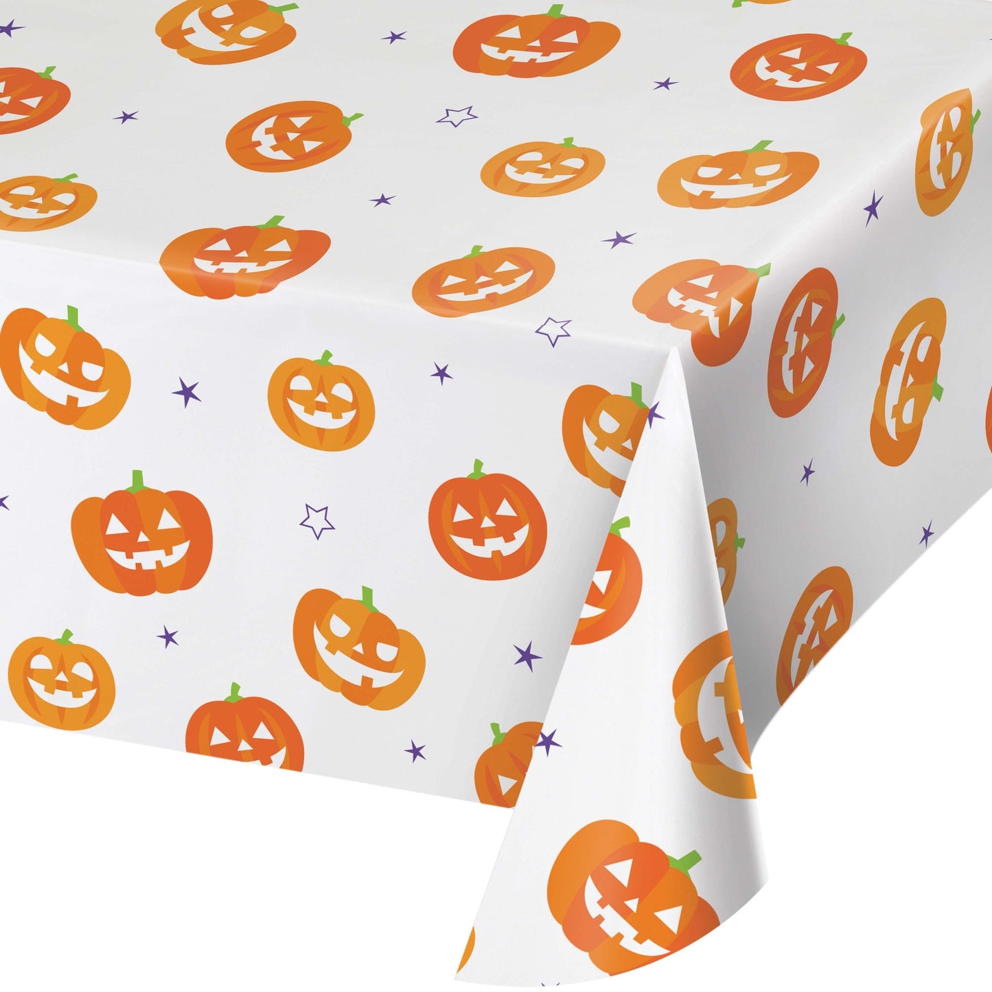 Halloween Pumpkins Kids Paper Tablecloths 12 ct. Halloween-themed tablecloth with orange jack-o'-lanterns on a white background