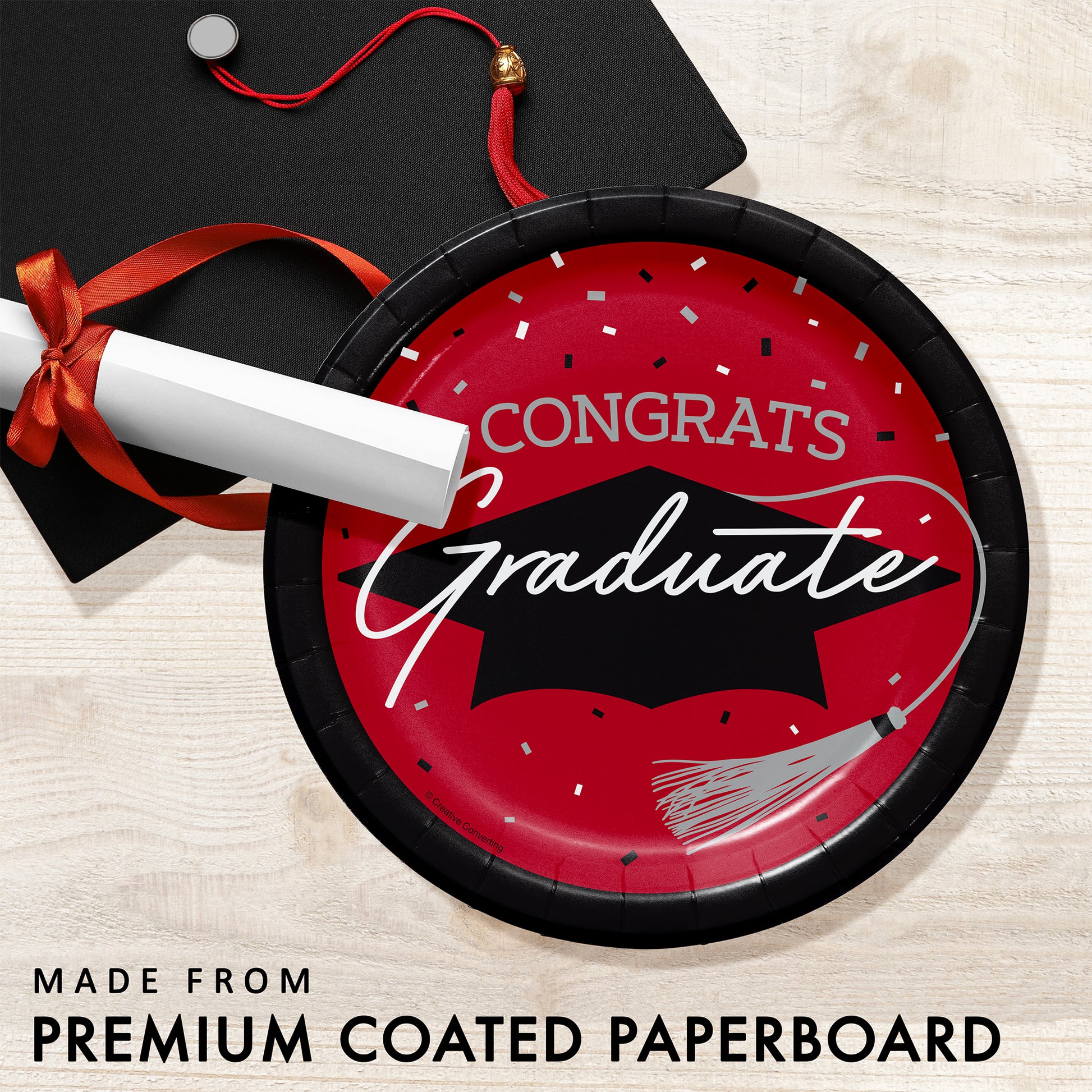 School Spirit Red Graduation Dessert Paper Plates 180 ct Feature Image