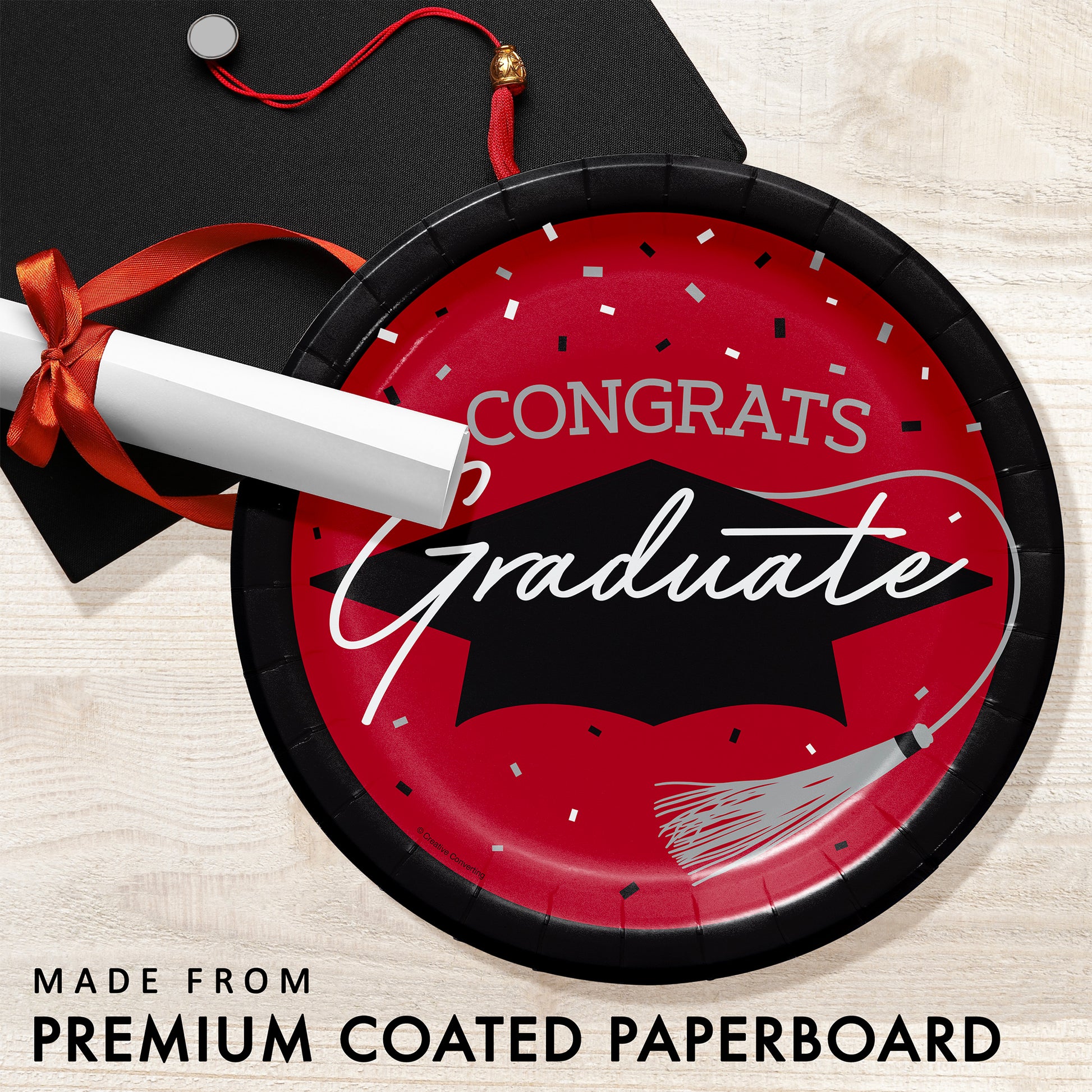 School Spirit Red Graduation Dinner Paper Plates 180 ct Feature Image