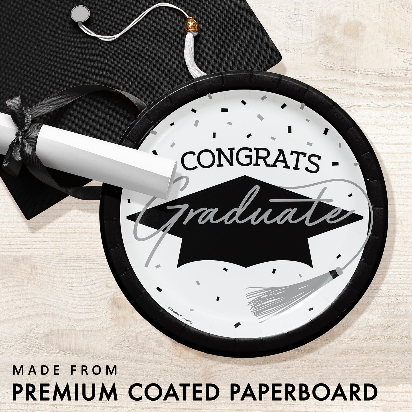 School Spirit White Graduation Dessert Paper Plates 180 ct Feature Image