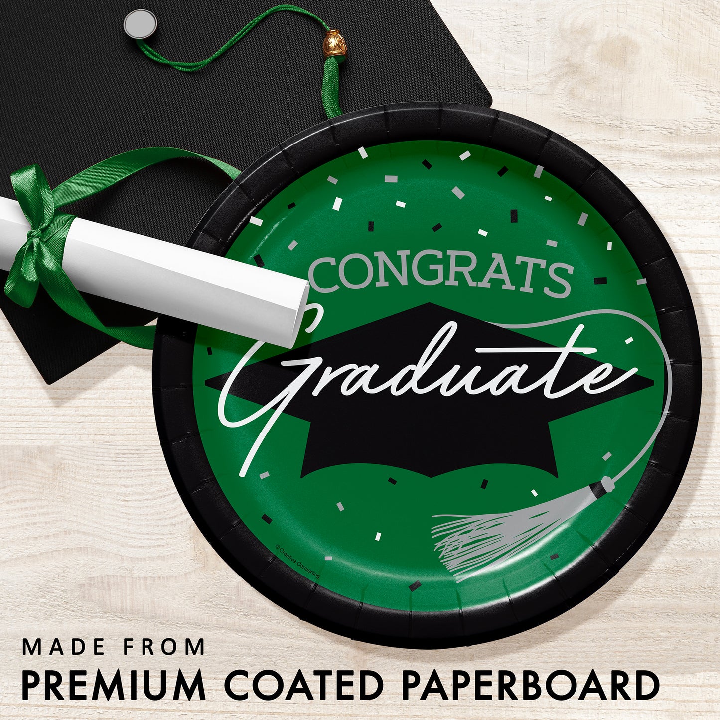 School Spirit Green Graduation Dinner Paper Plates 180 ct Feature Image