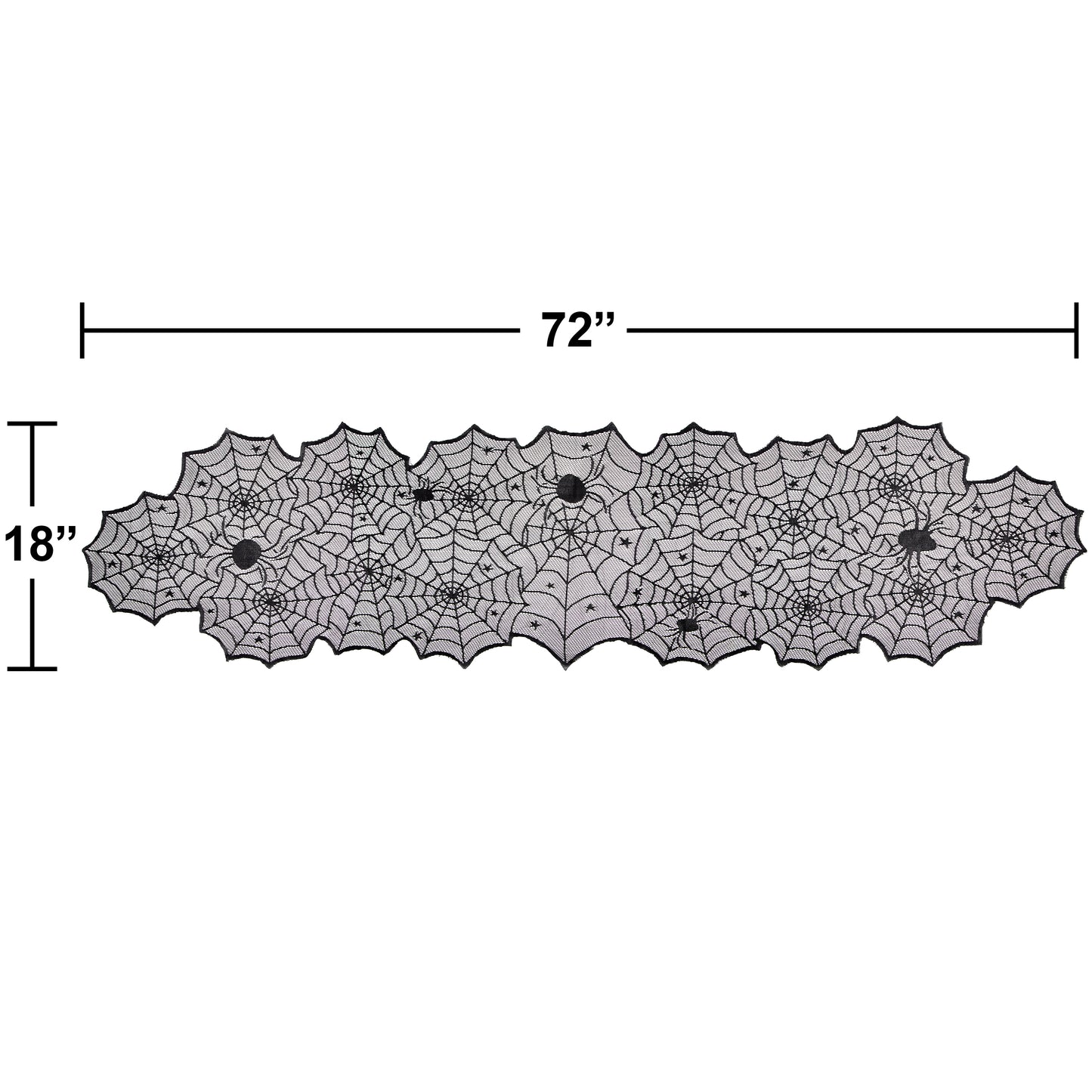 Black Lace Webs Table Runners 12 ct. Spider web table runner with measurements on a white background