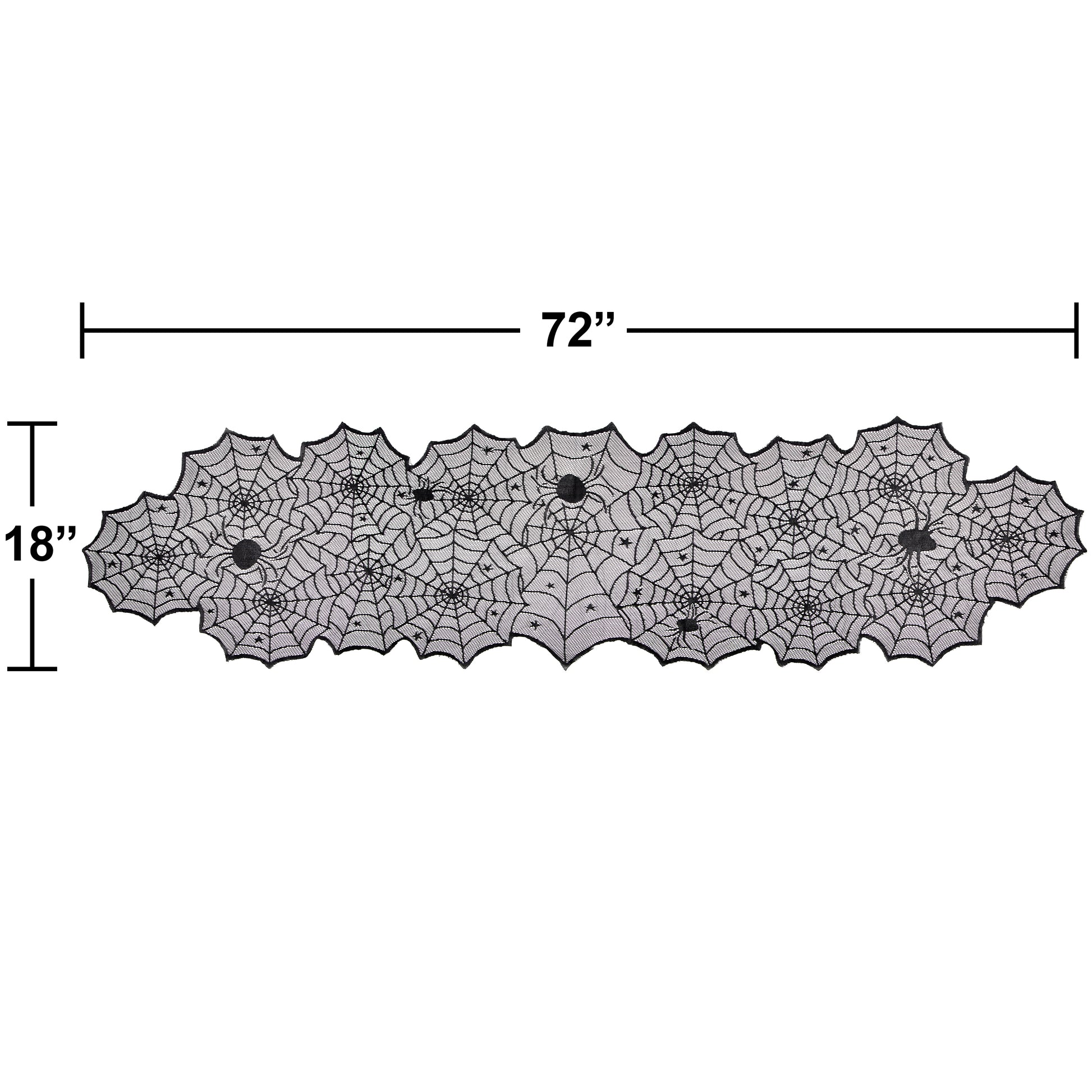 Black Lace Webs Table Runners 12 ct. Spider web table runner with measurements on a white background