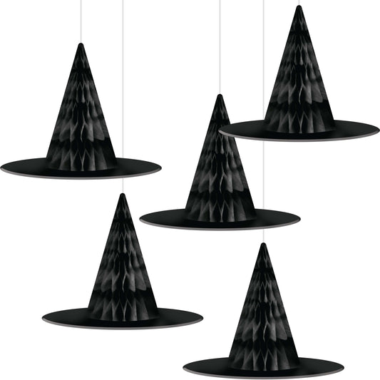 Hanging Witch Hats Halloween Decor 60 ct. Set of five black witch hats hanging against a white background