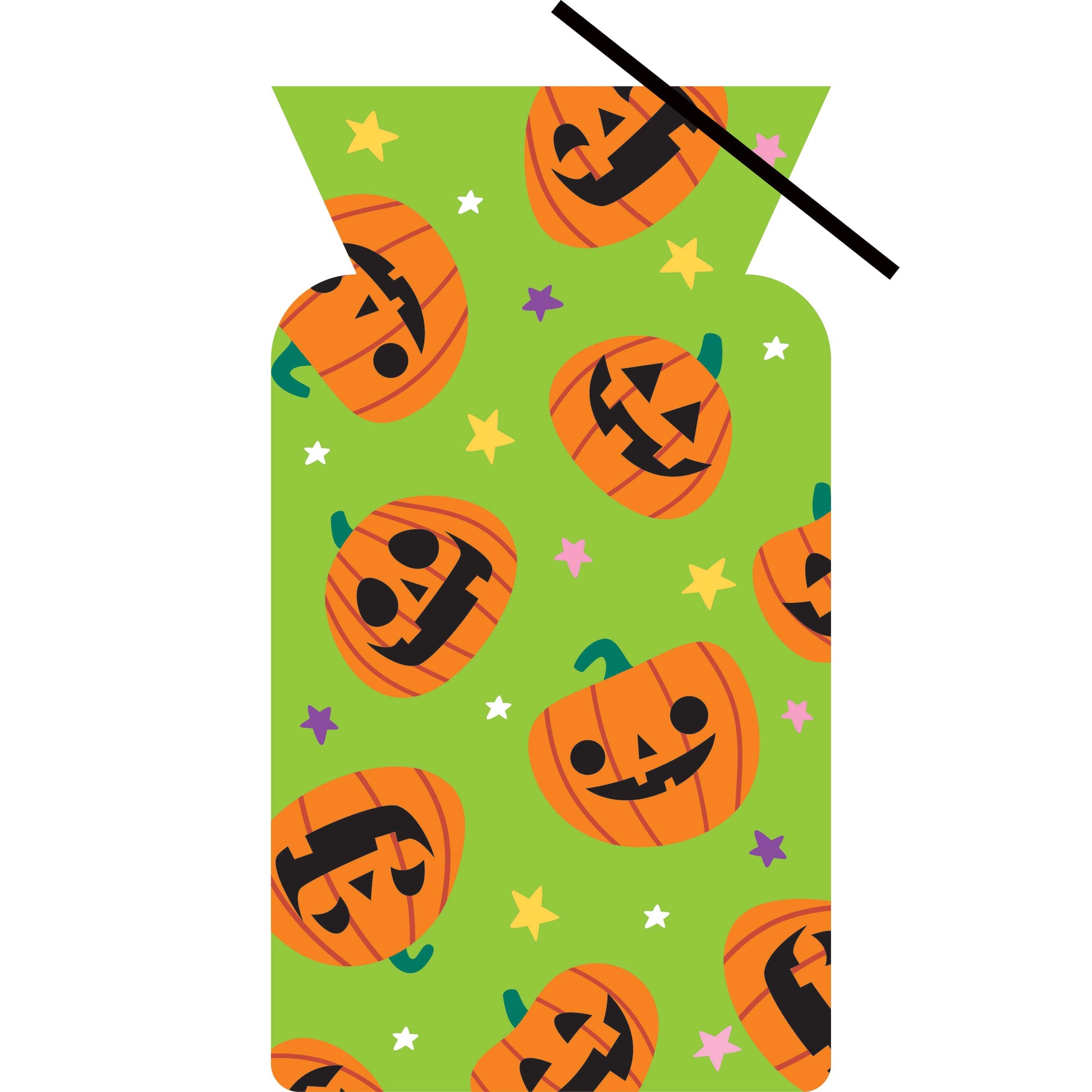 Jack-O-Lantern Halloween Cello Treat Bags With Twist Ties 240 ct. Green treat bag with orange pumpkins and colorful stars