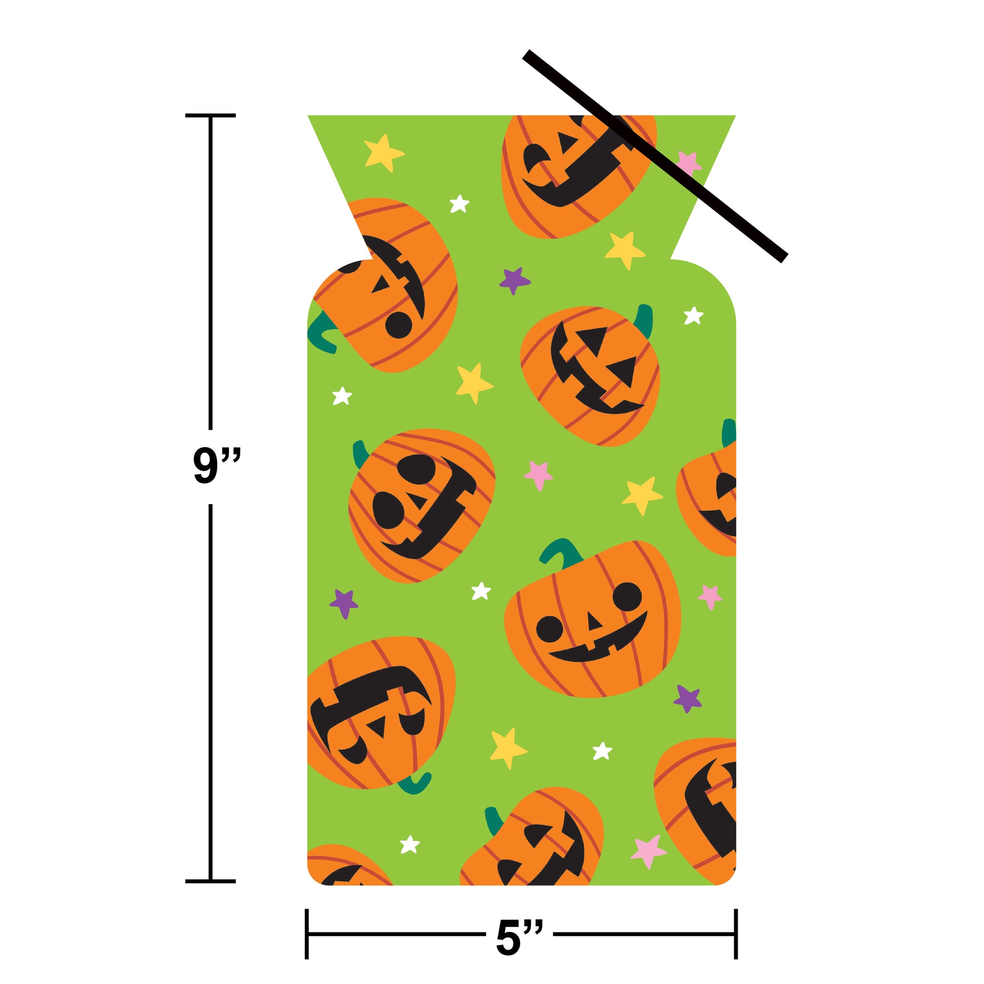 Jack-O-Lantern Halloween Cello Treat Bags With Twist Ties 240 ct. Green plastic treat bag with orange jack-o'-lanterns pattern and measurements on a white background