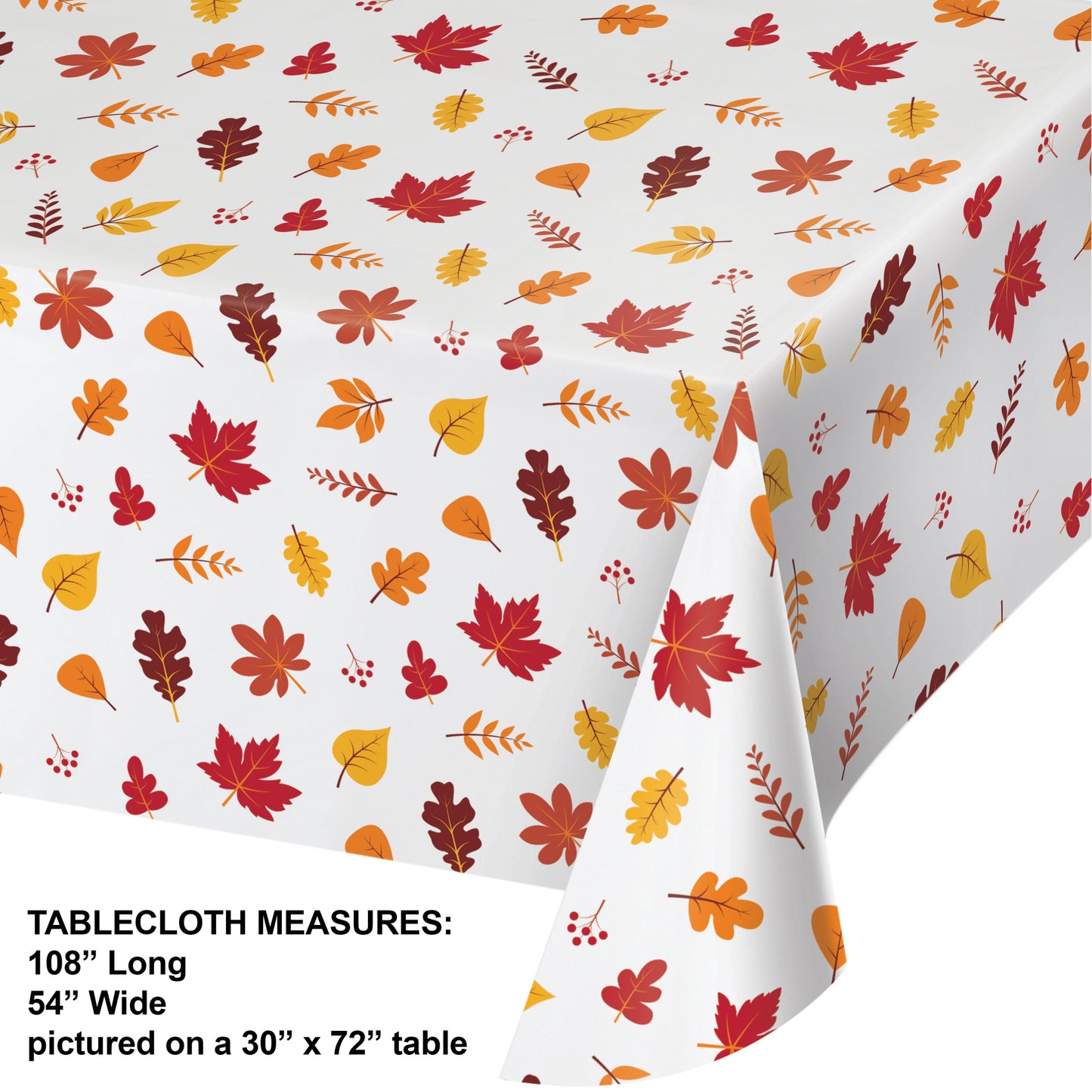 Fall Leaves Plastic Tablecloths 12 ct. Plastic tablecloth with autumn leaf pattern on a white background