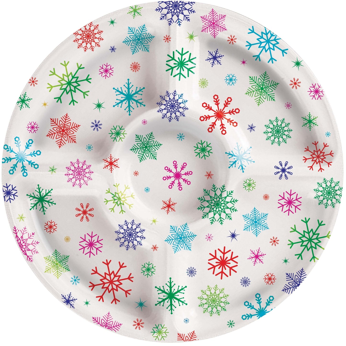 Plastic serving tray with 5 compartments and colorful snowflakes on a white background