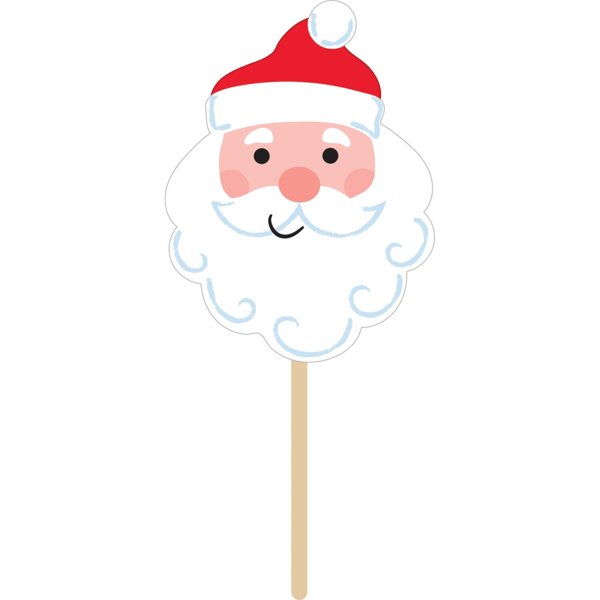 Cartoon Santa Claus face on a stick with a red hat and white beard.