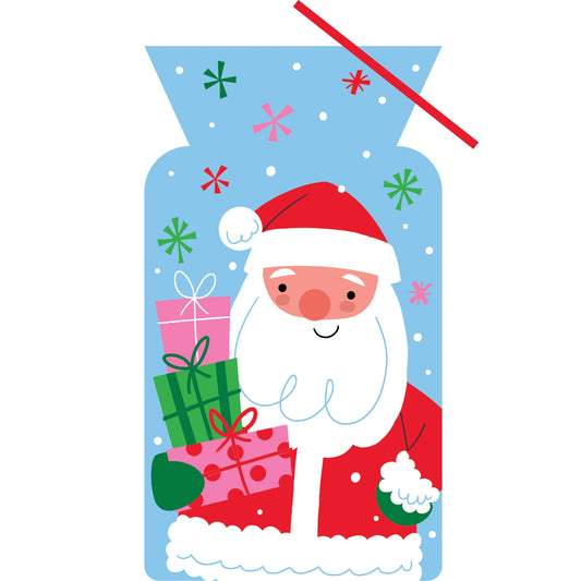 Cellophane bag featuring Santa Claus holding gifts on a blue background with colorful stars.