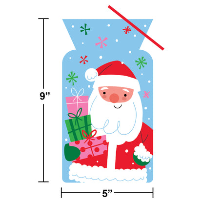 Cellophane bag featuring Santa Claus holding gifts on a blue background with colorful stars. Measurements shown.