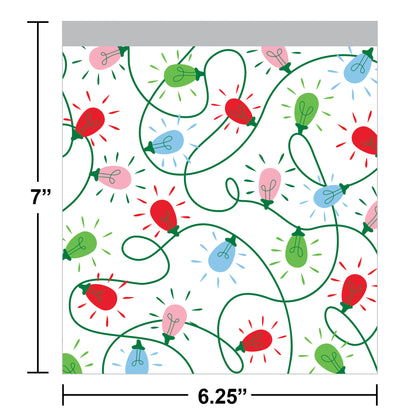 Favor bag of colorful Christmas lights on a white background. Measurements shown.