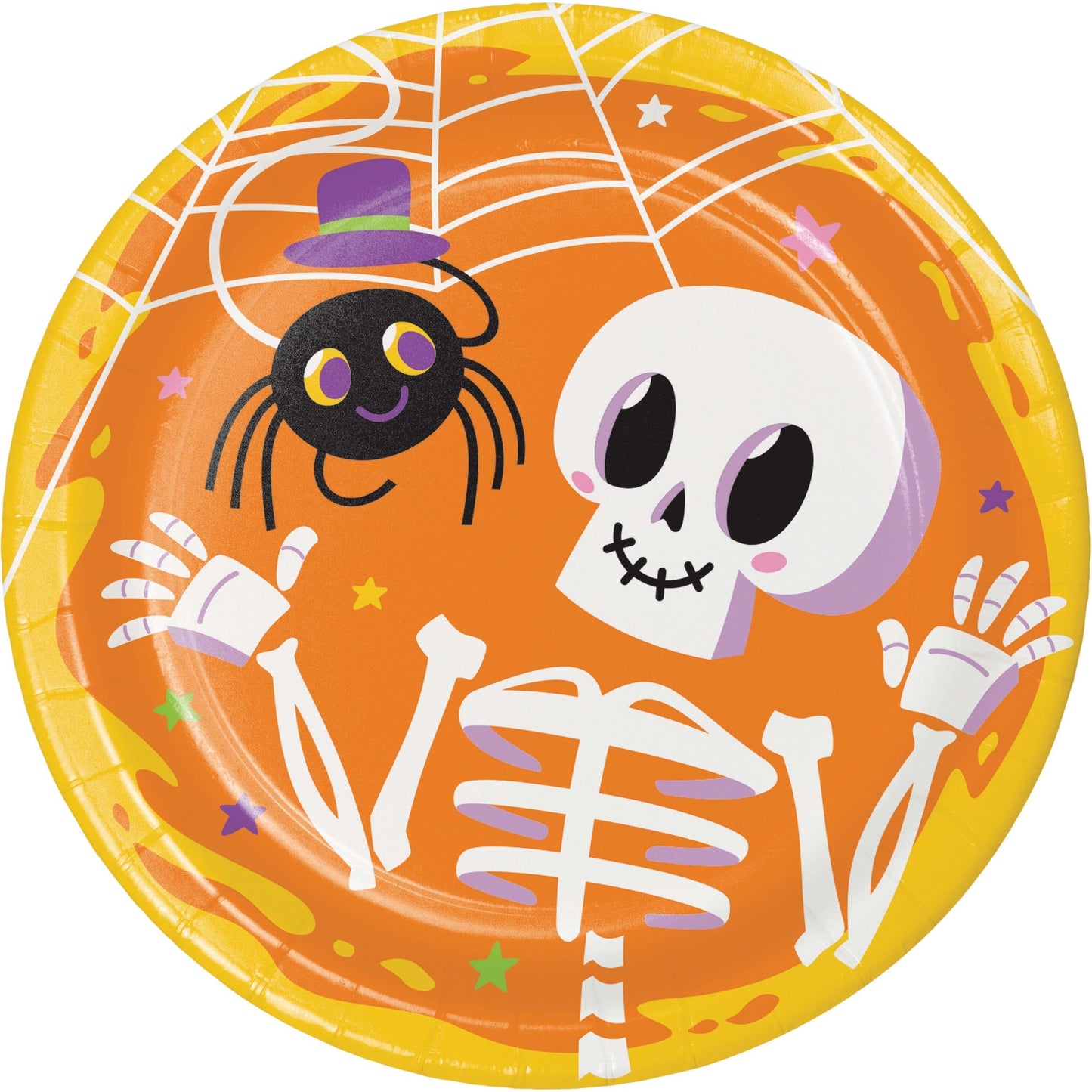 Glowing Ghouls Dessert Paper Plates 96 ct. Halloween-themed paper plate with spider, skull, and skeleton design on an orange background.