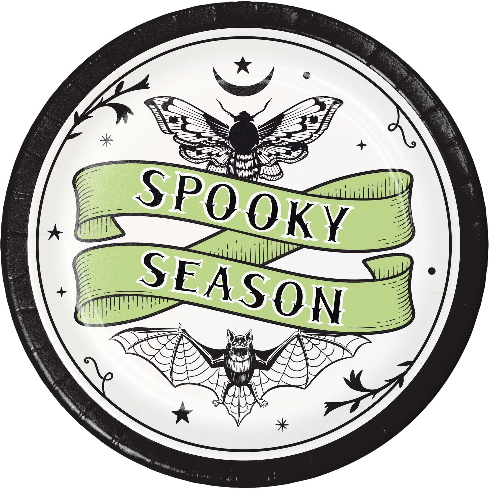 Spooky Season Dessert Paper Plates 96 ct. Circular design with 'Spooky Season' text, bat, and moth illustrations on a white background.