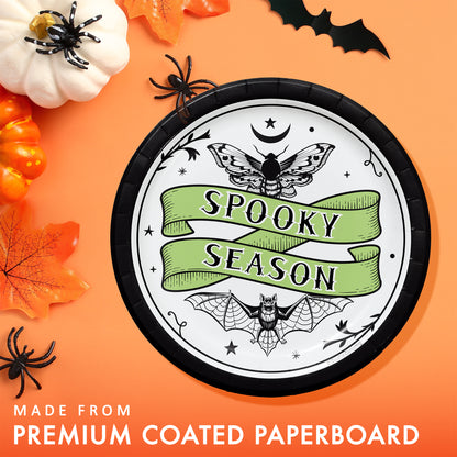 Spooky Season Dessert Paper Plates 96 ct. Halloween-themed paper plate with 'Spooky Season' design on an orange background with decorations.