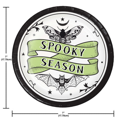 Spooky Season Dessert Paper Plates 96 ct. Circular decorative sign with 'Spooky Season' text and Halloween-themed illustrations, with measurements indicated.