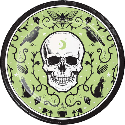 Spooky Season Dinner Paper Plates 96 ct. Black rimmed paper plate with green background with a skull.