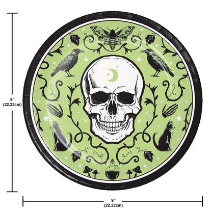 Spooky Season Dinner Paper Plates 96 ct. Circular design with a skull, birds, and cats on a green background with measurements indicated.
