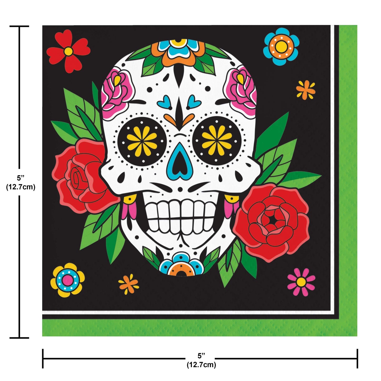 Skelebration Beverage Napkins 192 ct. Colorful sugar skull design with flowers on a black background, with dimensions indicated.