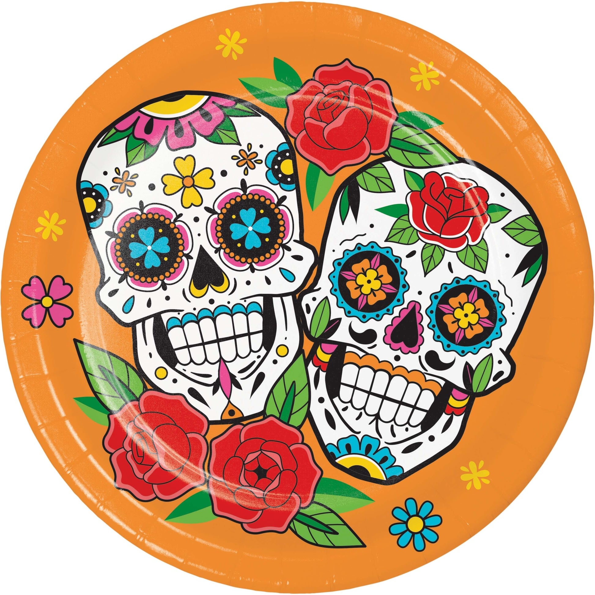 Skelebration Dessert Paper Plates 96 ct. Decorative paper plate with colorful sugar skull design and flowers on an orange background