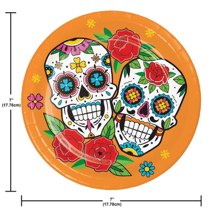 Skelebration Dessert Paper Plates 96 ct. Decorative paper plate with colorful skull design and roses, featuring measurements.