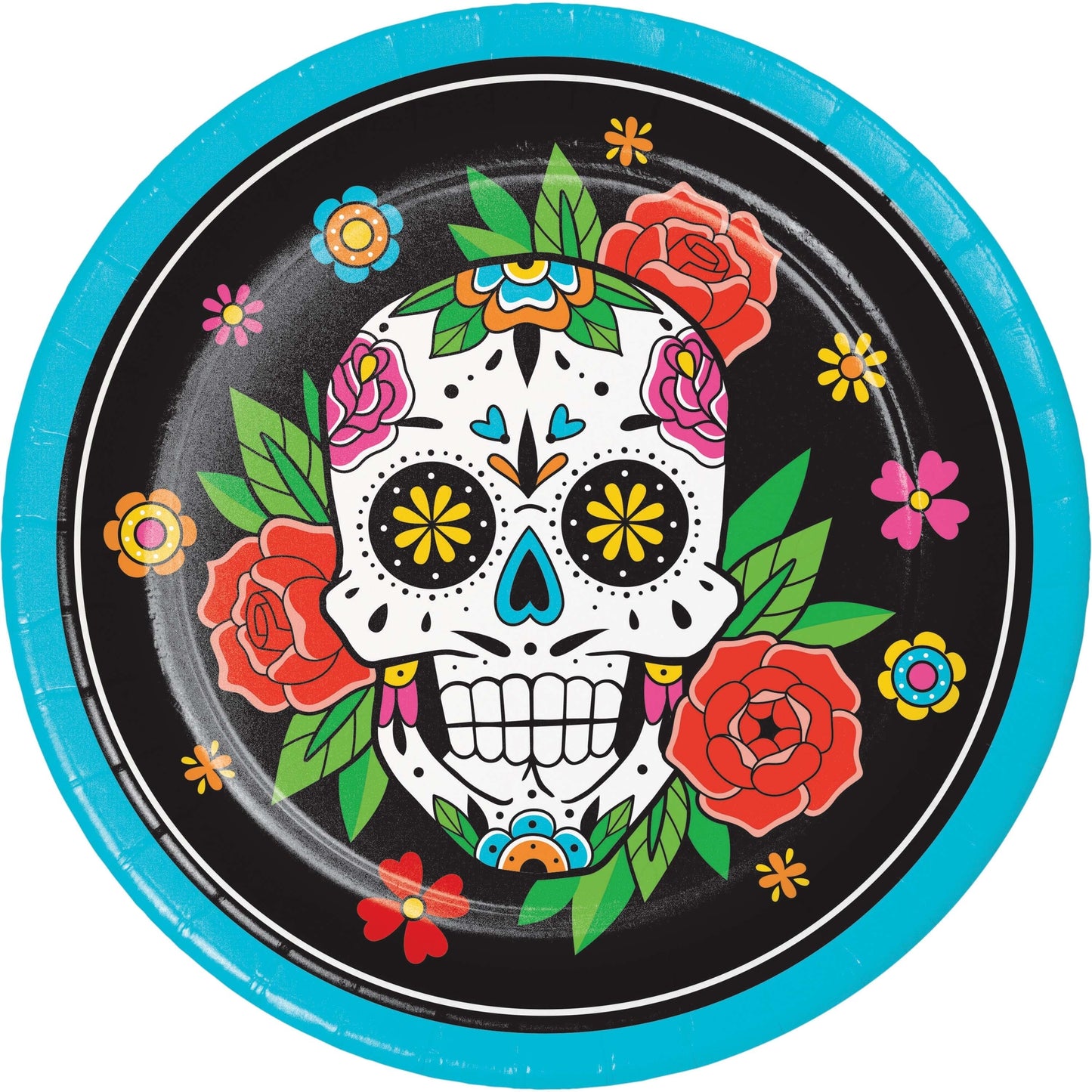 Skelebration Dinner Paper Plates 96 ct. Decorative plate with a colorful skull design and flowers on a black background