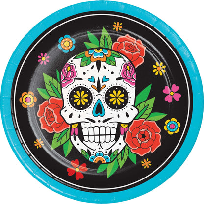 Skelebration Dinner Paper Plates 96 ct. Decorative plate with a colorful skull design and flowers on a black background