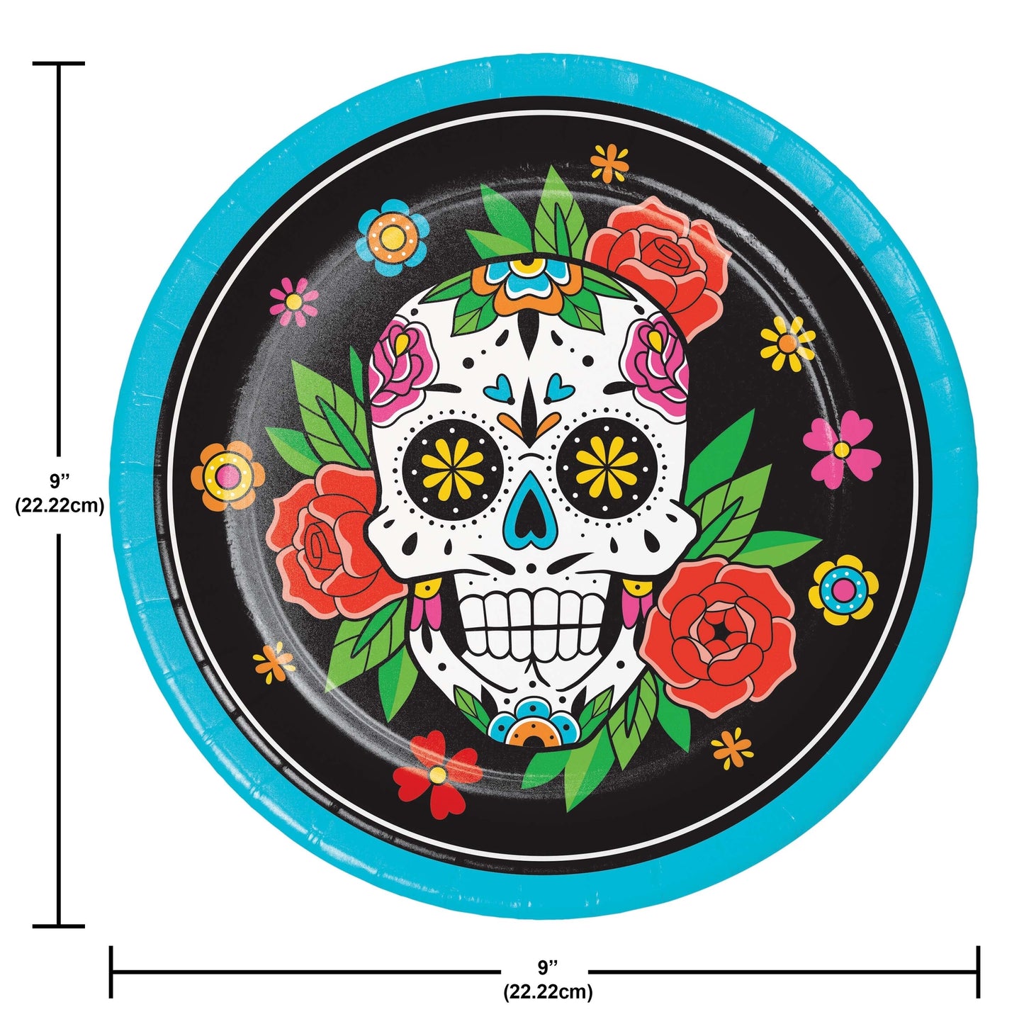 Skelebration Dinner Paper Plates 96 ct. Decorative plate with skull and floral design, measurements indicated.