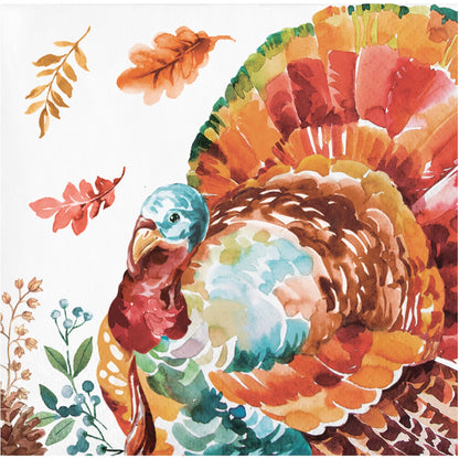 Tasteful Turkey Beverage Napkins 192 ct. Colorful watercolor turkey illustration with autumn leaves on a white background